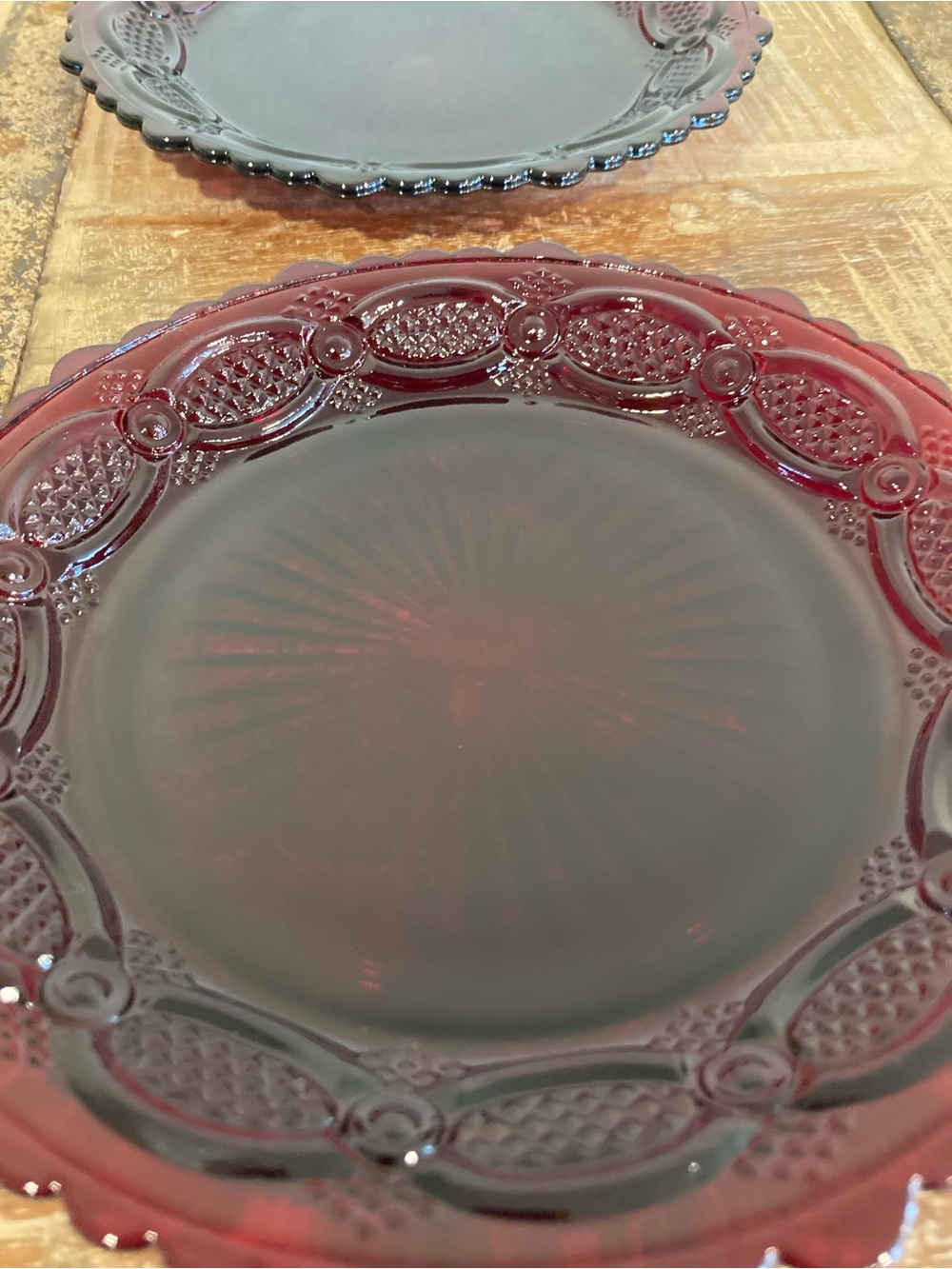 4 Avon Ruby Red Glass Luncheon Salad Dessert Plates 1876 Cape Cod Sunburst Back - Picture 13 of 16